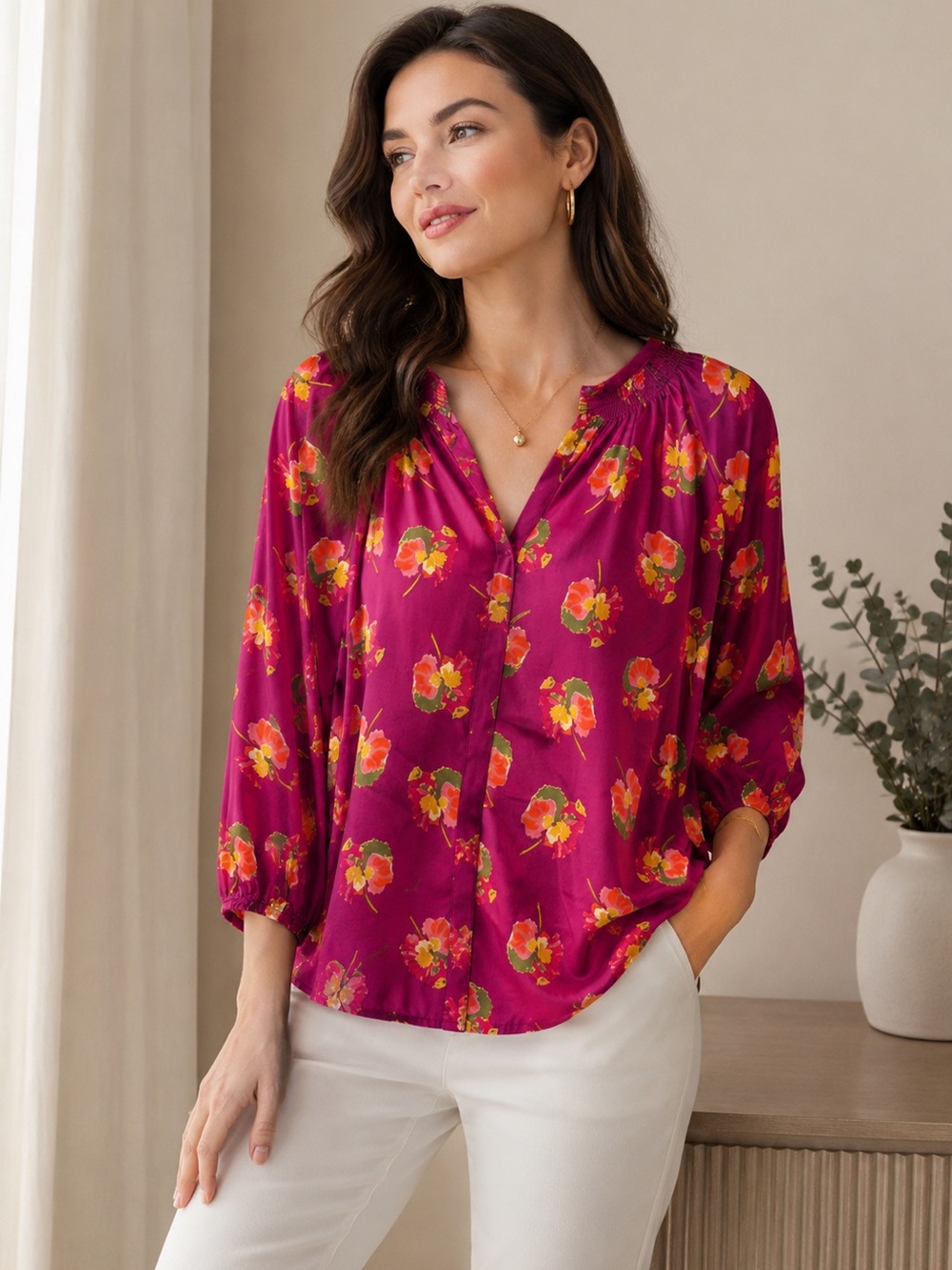 Tucker Women's Blouse in Rich Magenta Floral